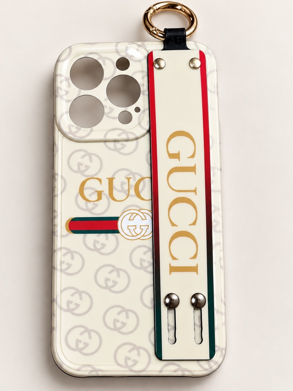 iPhone 14 Pro Max GG Monogram Case Cream Red Green Strap Gold Ring